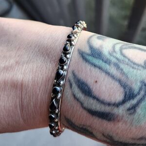 Handmade Sterling Silver 925 Taxco Mexico Onyx And Silver Bangle Bracelet